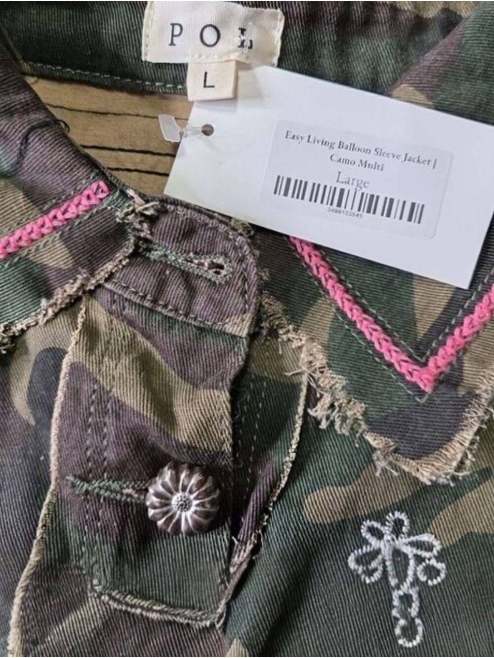 POL Camo Lace Balloon Sleeve Jacket Boho Western Shacket NWT Large - Picture 8 of 10